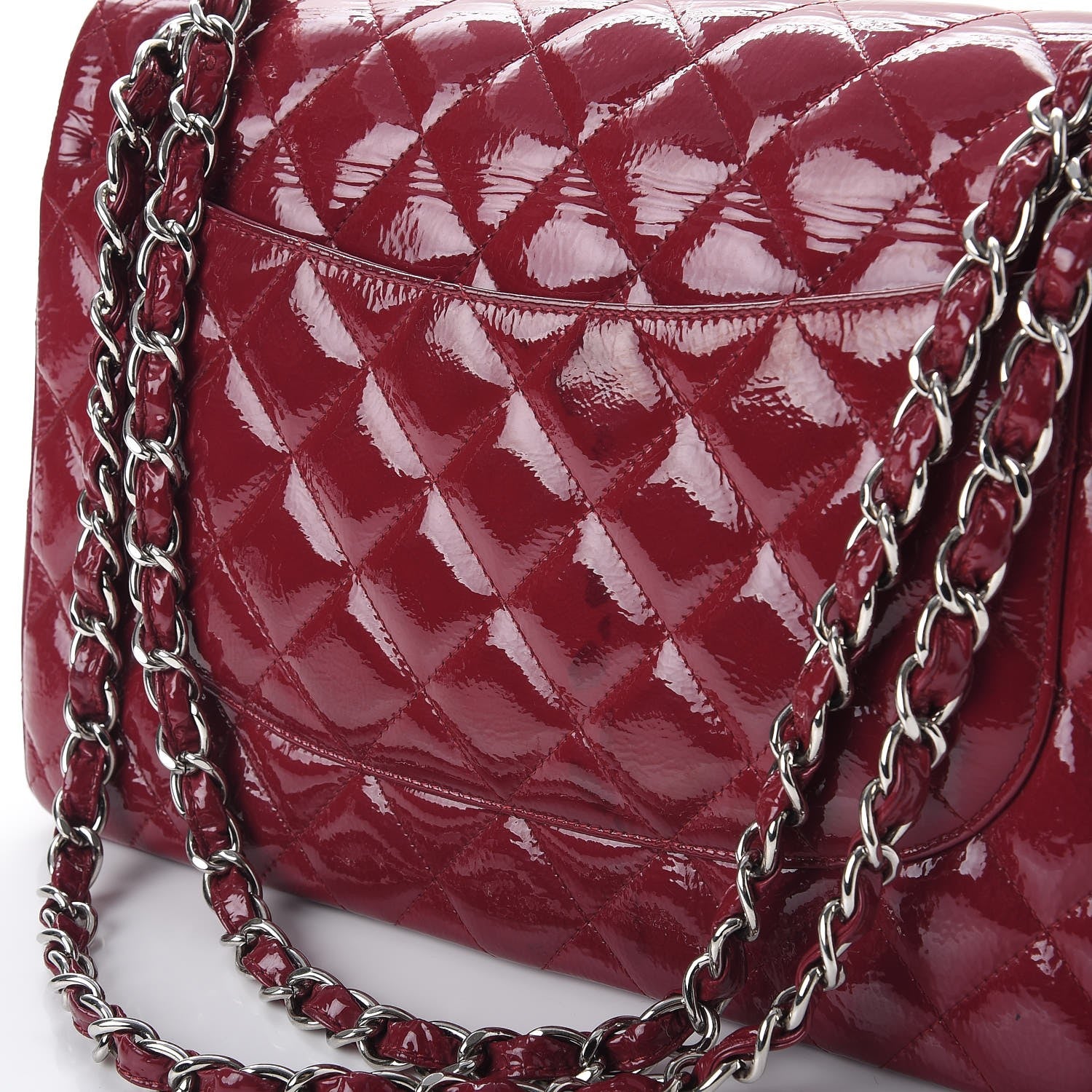 Chanel Distressed Patent Quilted Jumbo Double Flap Dark Red 10 of 15