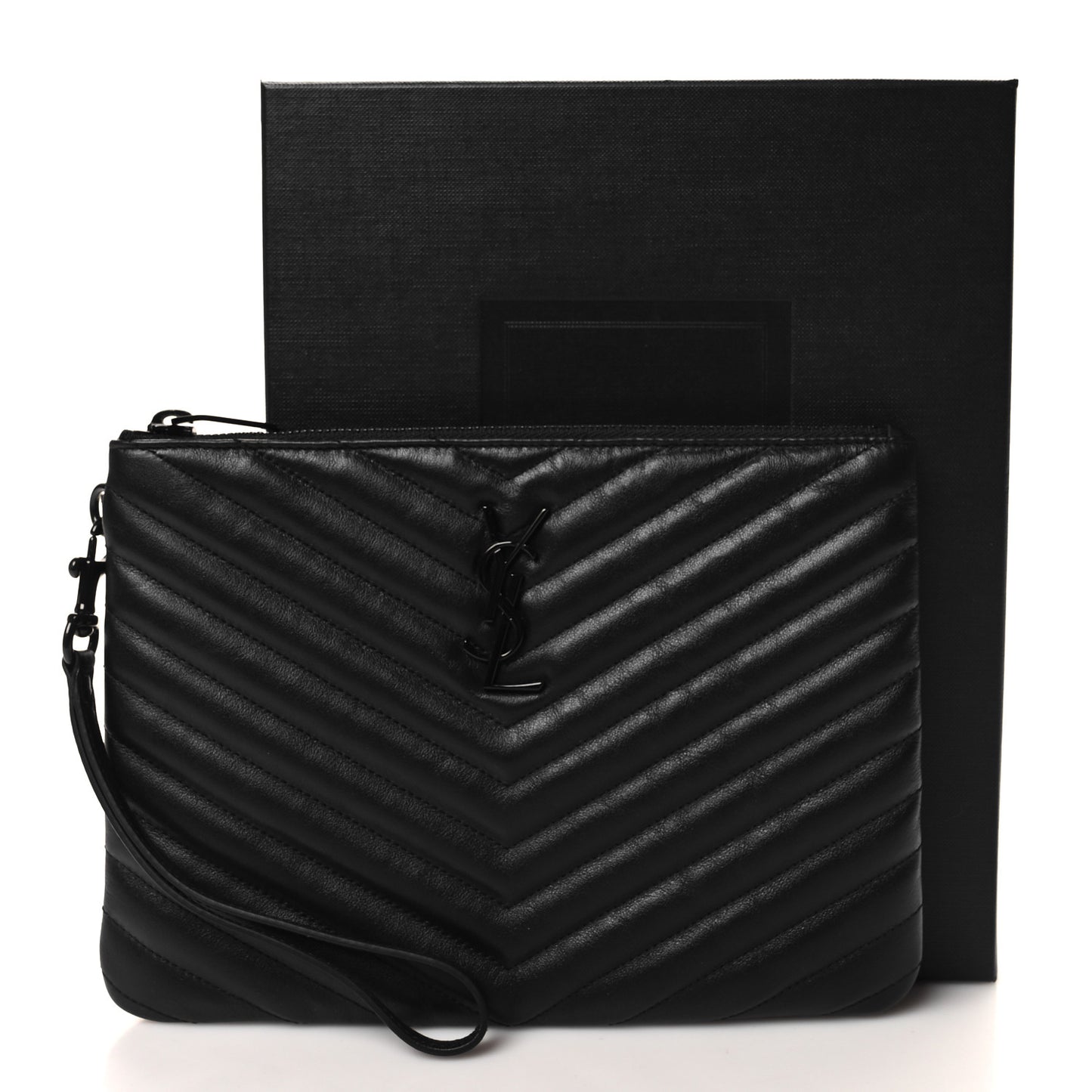Lambskin Matelasse Chevron Monogram Monochrome A5 Wristlet Black