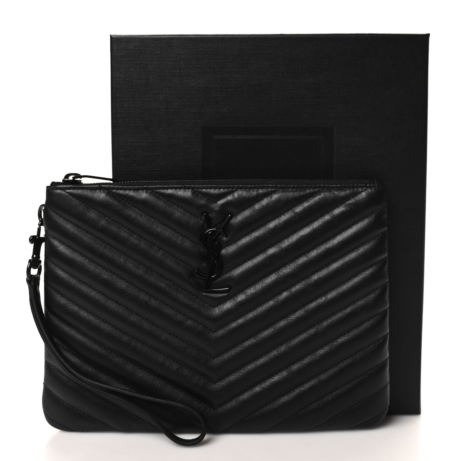 Saint Laurent Lambskin Matelasse Chevron Monogram Monochrome A5 Wristlet Black 11 of 11