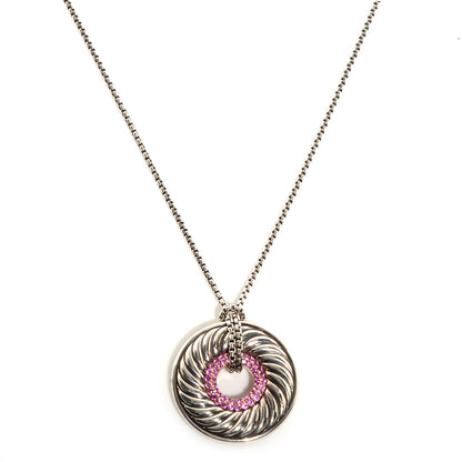 David Yurman Sterling Silver 18k Gold Pink Sapphire Cable Disc Necklace 1 of 7