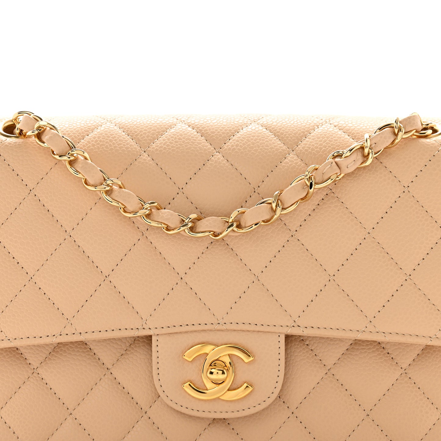 Caviar Quilted Medium Double Flap Beige