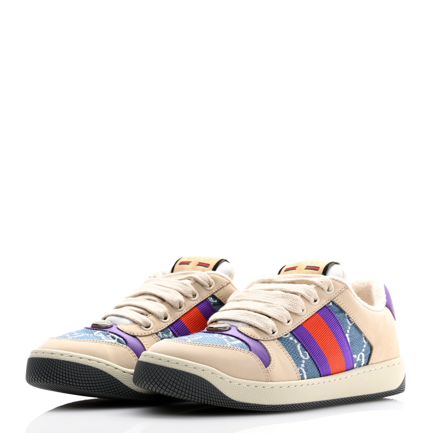 Calfskin Lame GG Monogram Web Womens Screener Sneakers 35 Blue Silver Dusty Milk Shine Purple