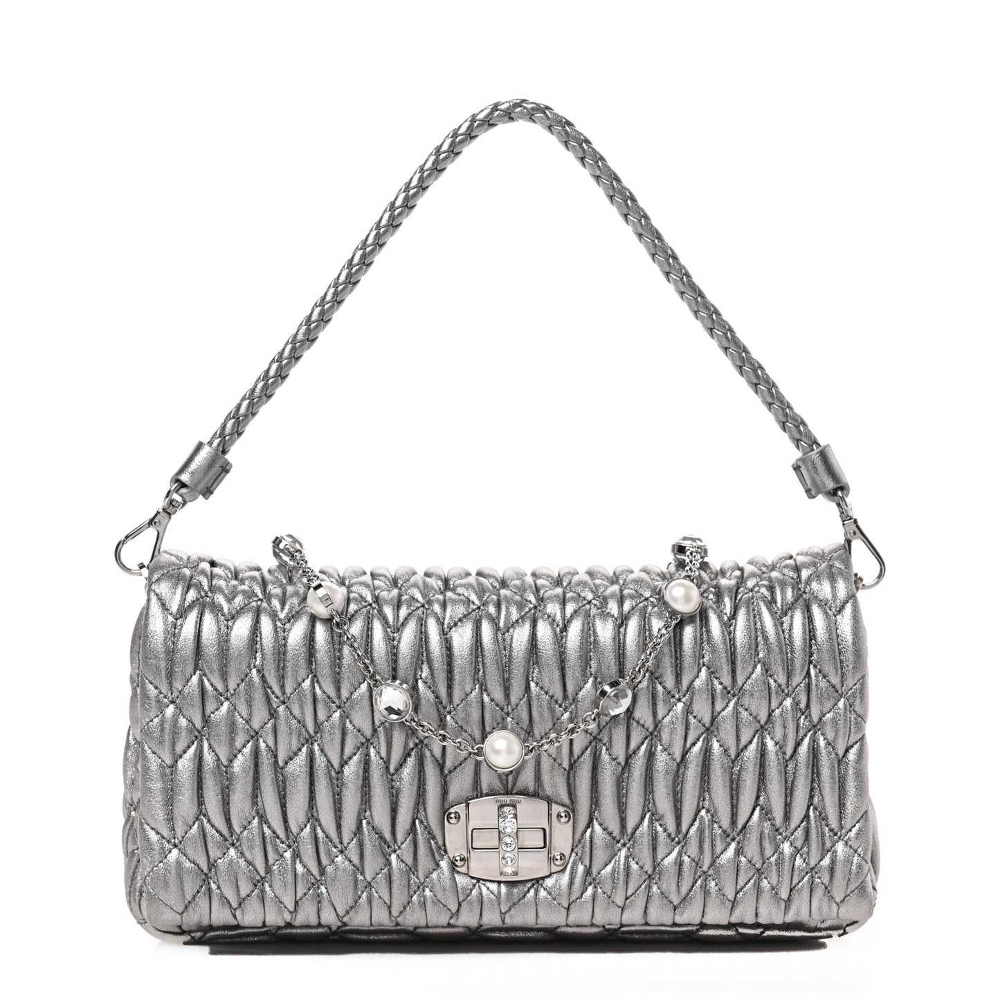 Metallic Nappa Matelasse Crystal Flap Clutch Cromo