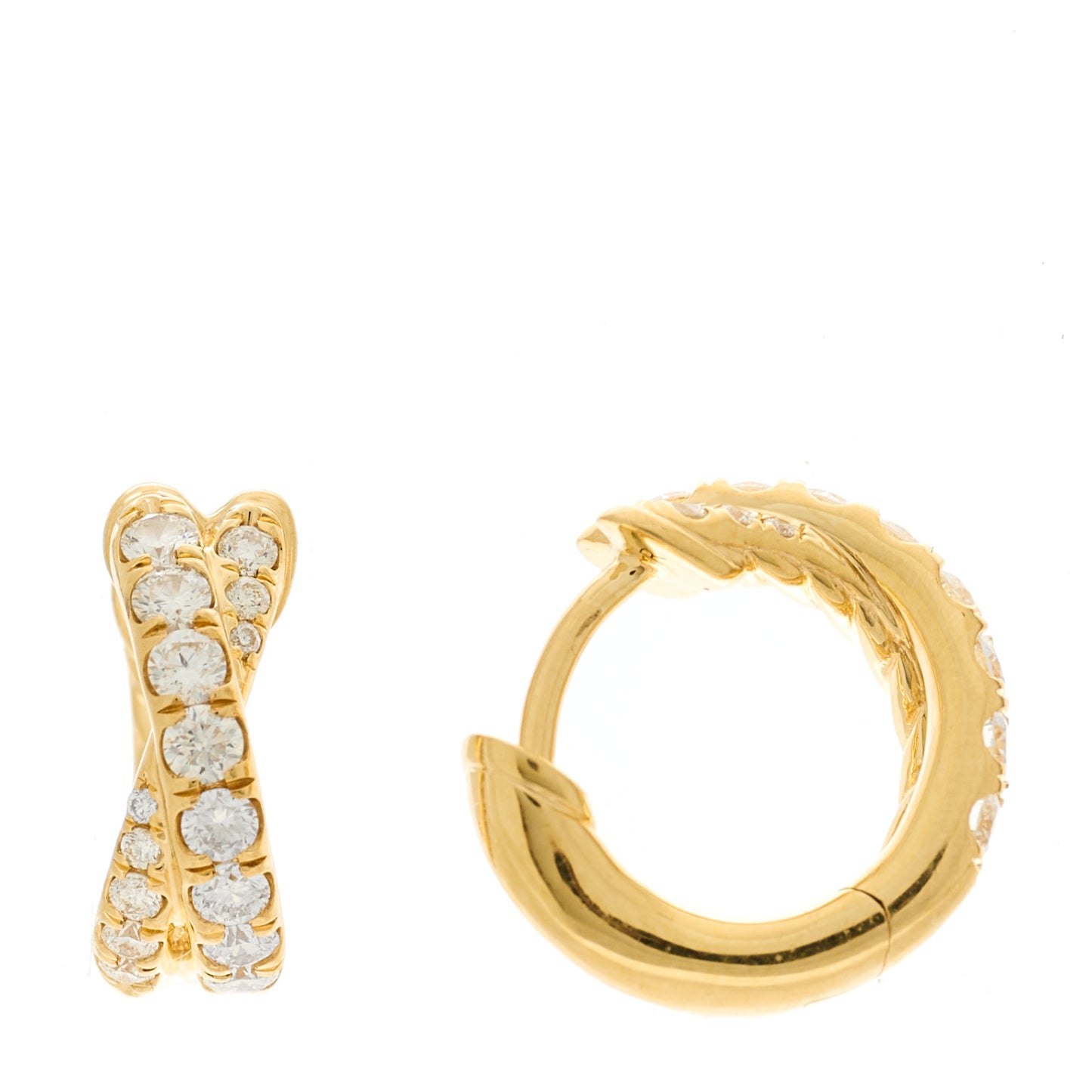 18K Yellow Gold Diamond Crossover Pave Hoop Earrings