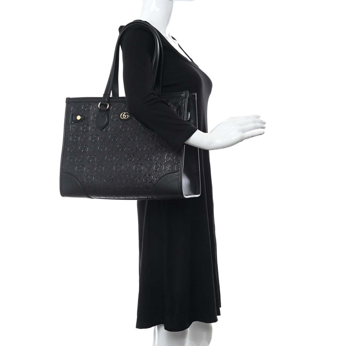 Wonka Grain Calfskin GG Monogram Star Embossed Medium GG Tote Black