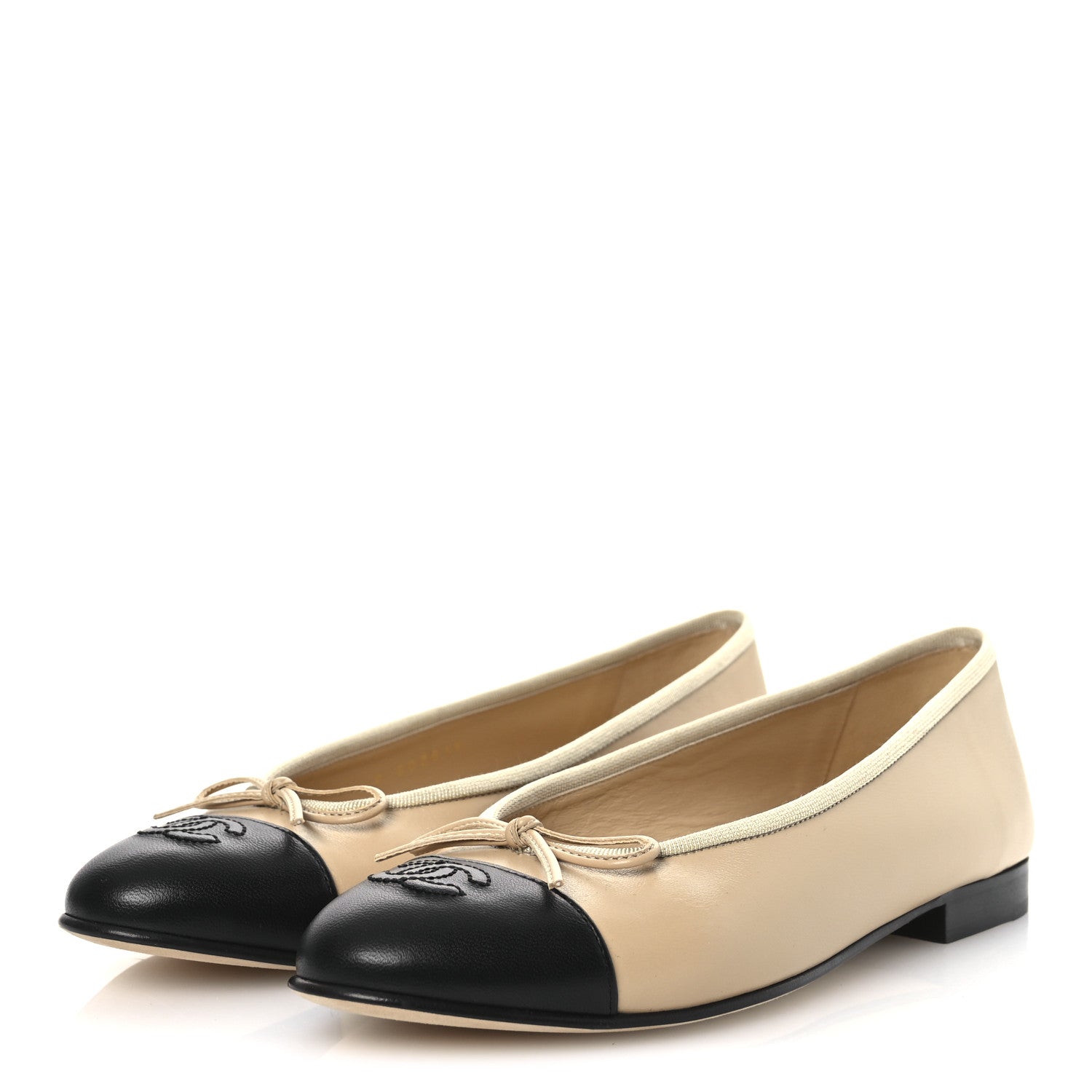 Chanel Lambskin Cap Toe CC Ballerina Flats 38.5 Beige Black 4 of 12