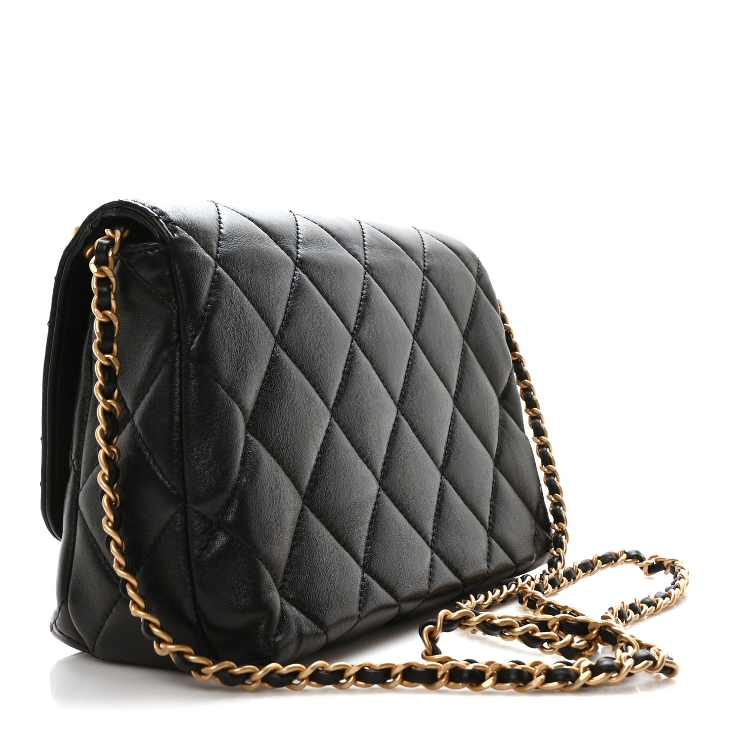 Shiny Lambskin Quilted Mini Pearl Logo Flap Black