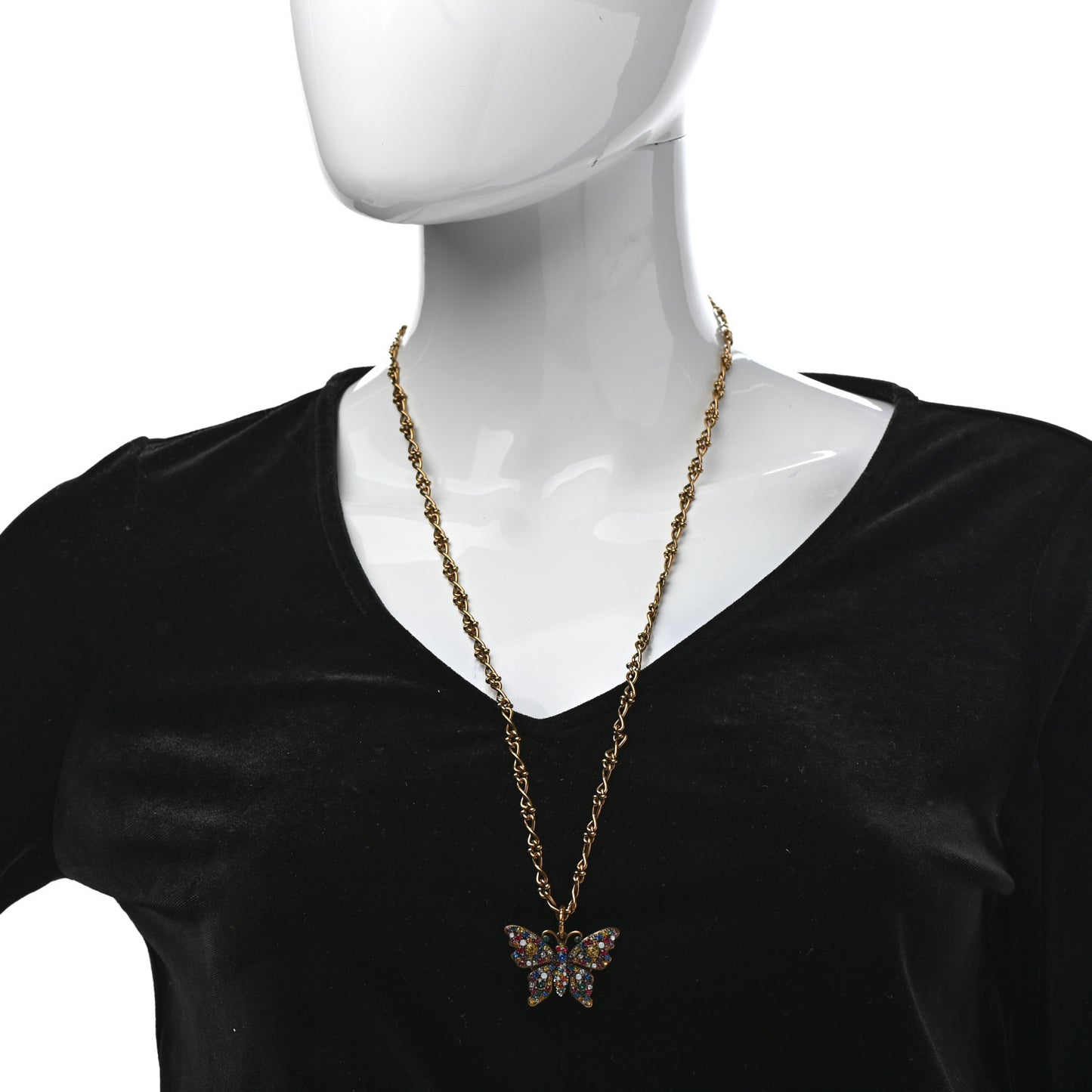 Metal Crystal Butterfly Necklace Aged Gold Multicolor
