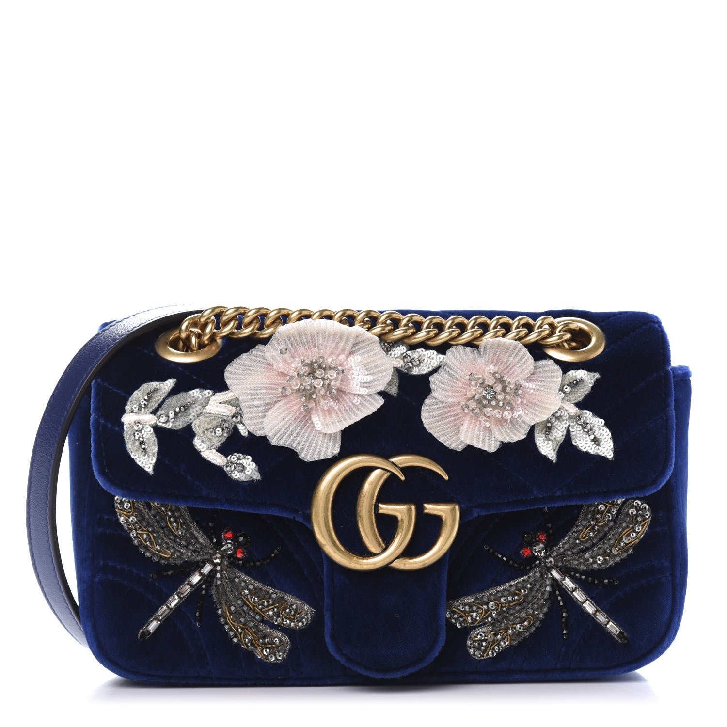 Gucci Velvet Matelasse Embroidered Mini GG Marmont Shoulder Bag Cobalt Blue 1 of 11