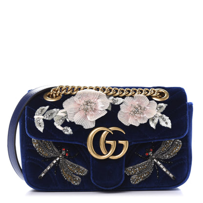 Gucci Velvet Matelasse Embroidered Mini GG Marmont Shoulder Bag Cobalt Blue 1 of 11