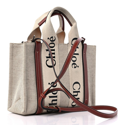 Chloe Cotton Calfskin Small Woody Ribbon Tote With Strap White Brown 3 of 13