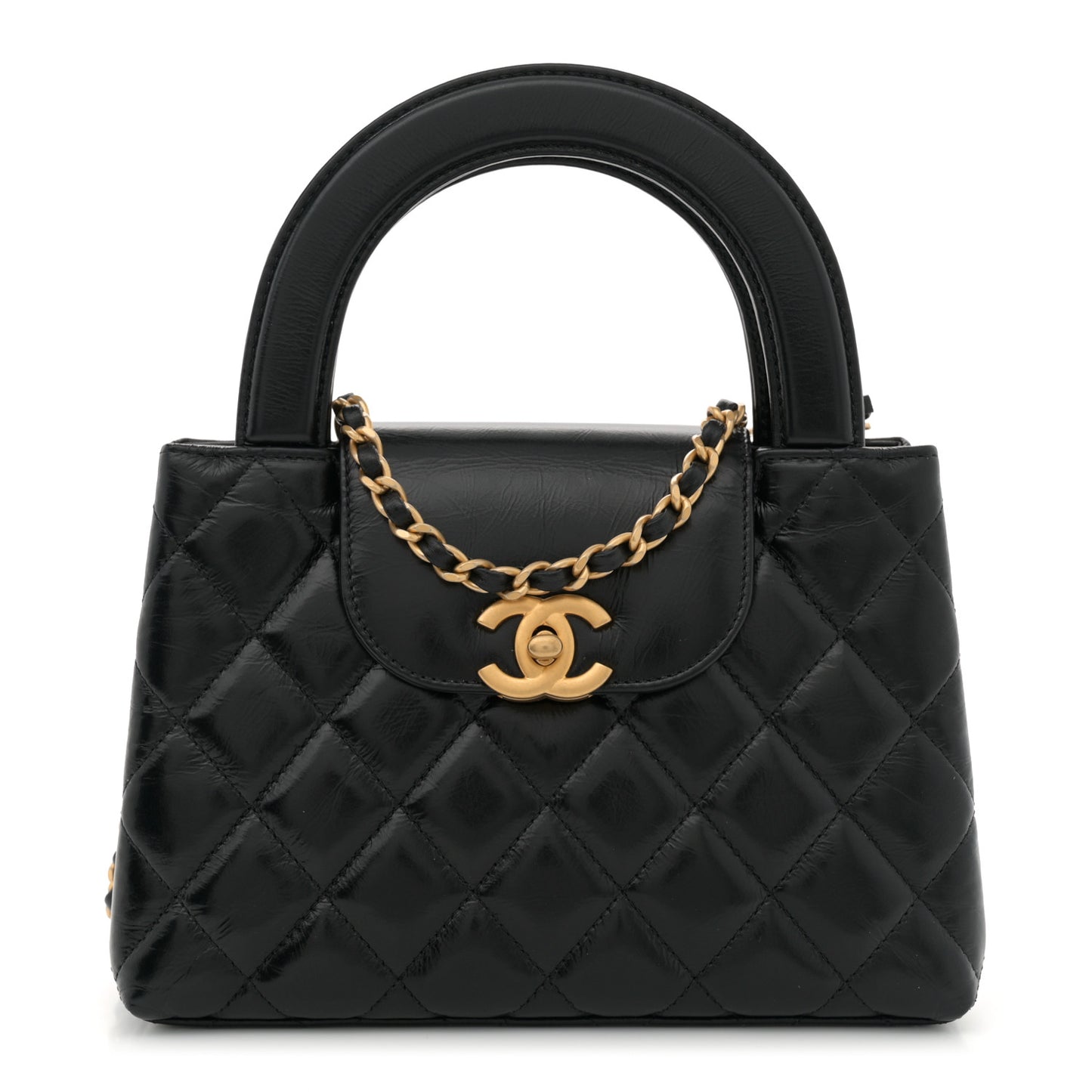 Shiny Aged Calfskin Quilted Nano Kelly Shopper Black
