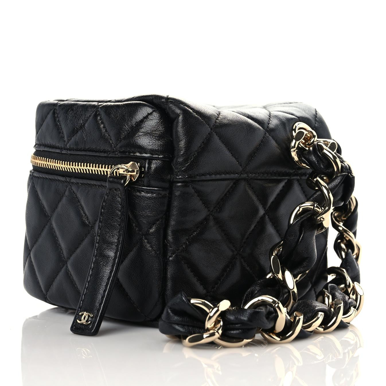 Lambskin Quilted Cube Chain Wristlet Case Black