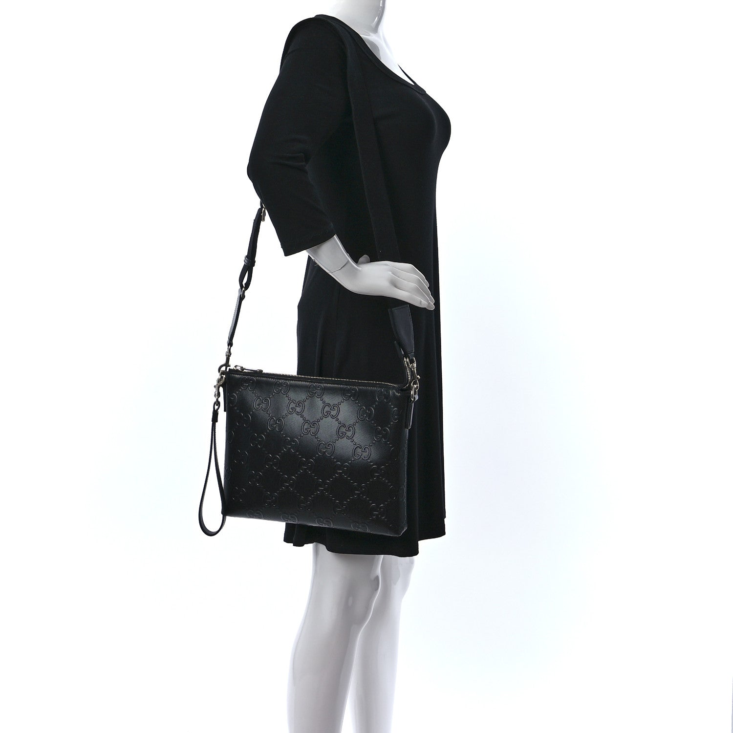 Gucci Calfskin GG Tennis Embossed Medium Wristlet Messenger Bag Black 2 of 9