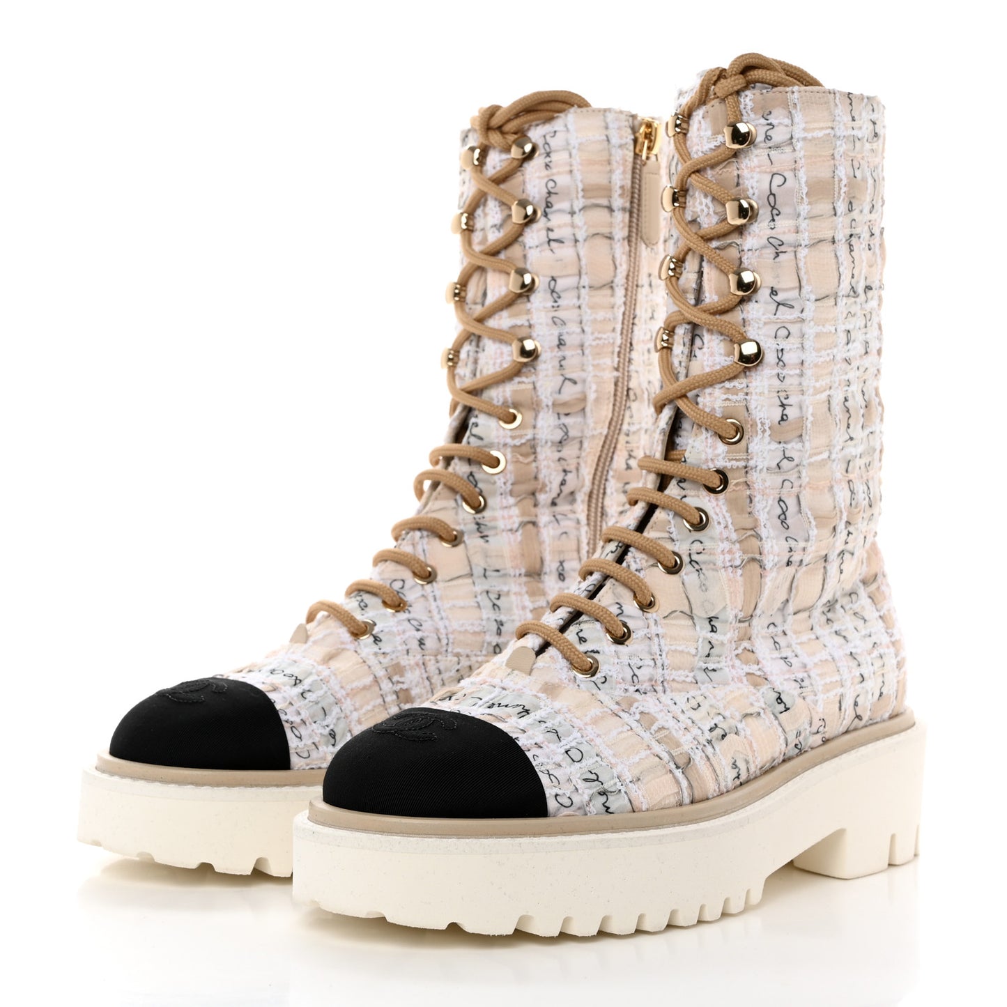 Tweed Grosgrain Cap Toe Lace Up Combat Boots 38 Multicolor