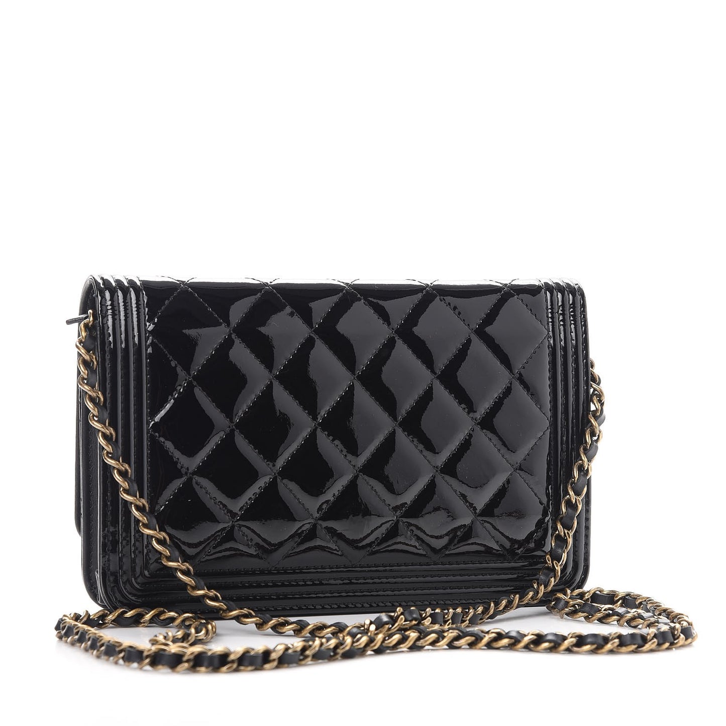 Patent Calfskin Quilted Boy Wallet On Chain WOC Black