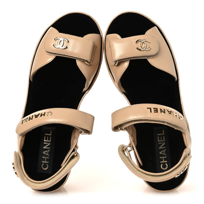 Chanel Shiny Calfskin Logo Platform Sandals 40 Beige 2 of 14