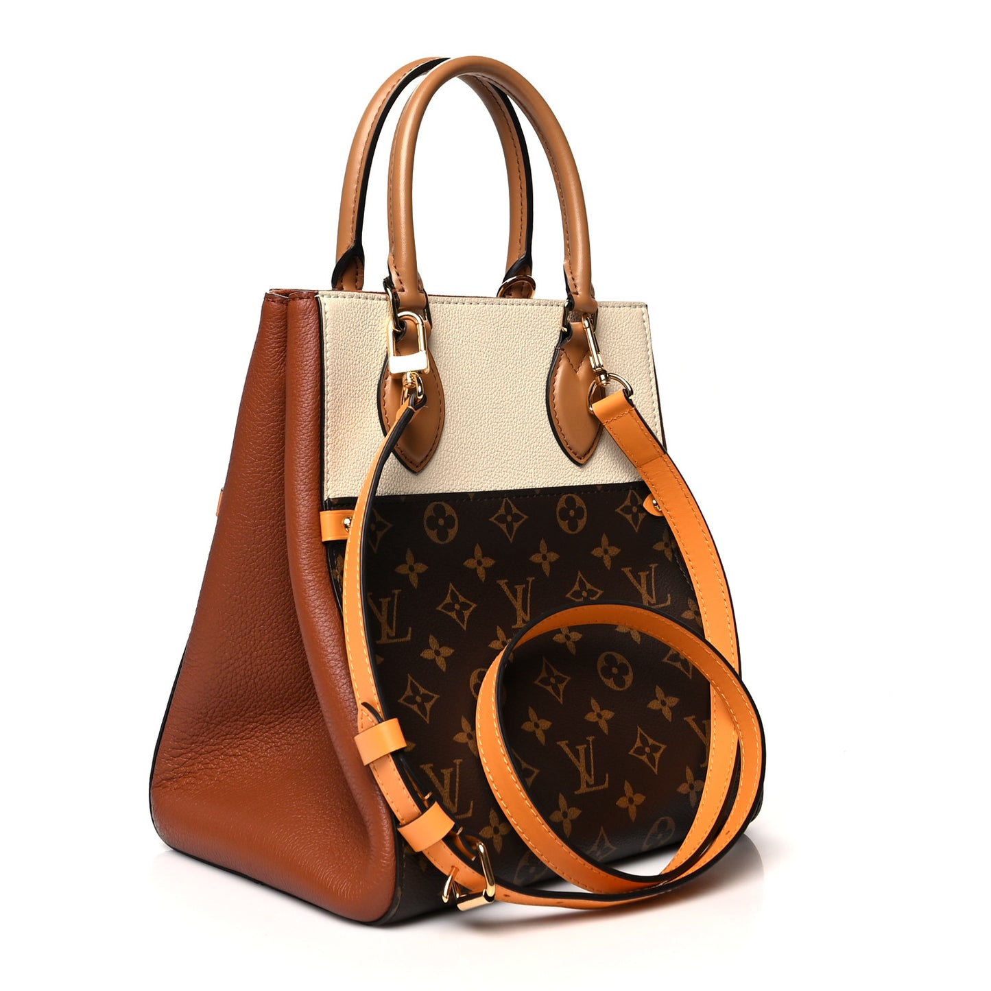 Calfskin Monogram Fold Tote MM Camel Sunbeam Cream