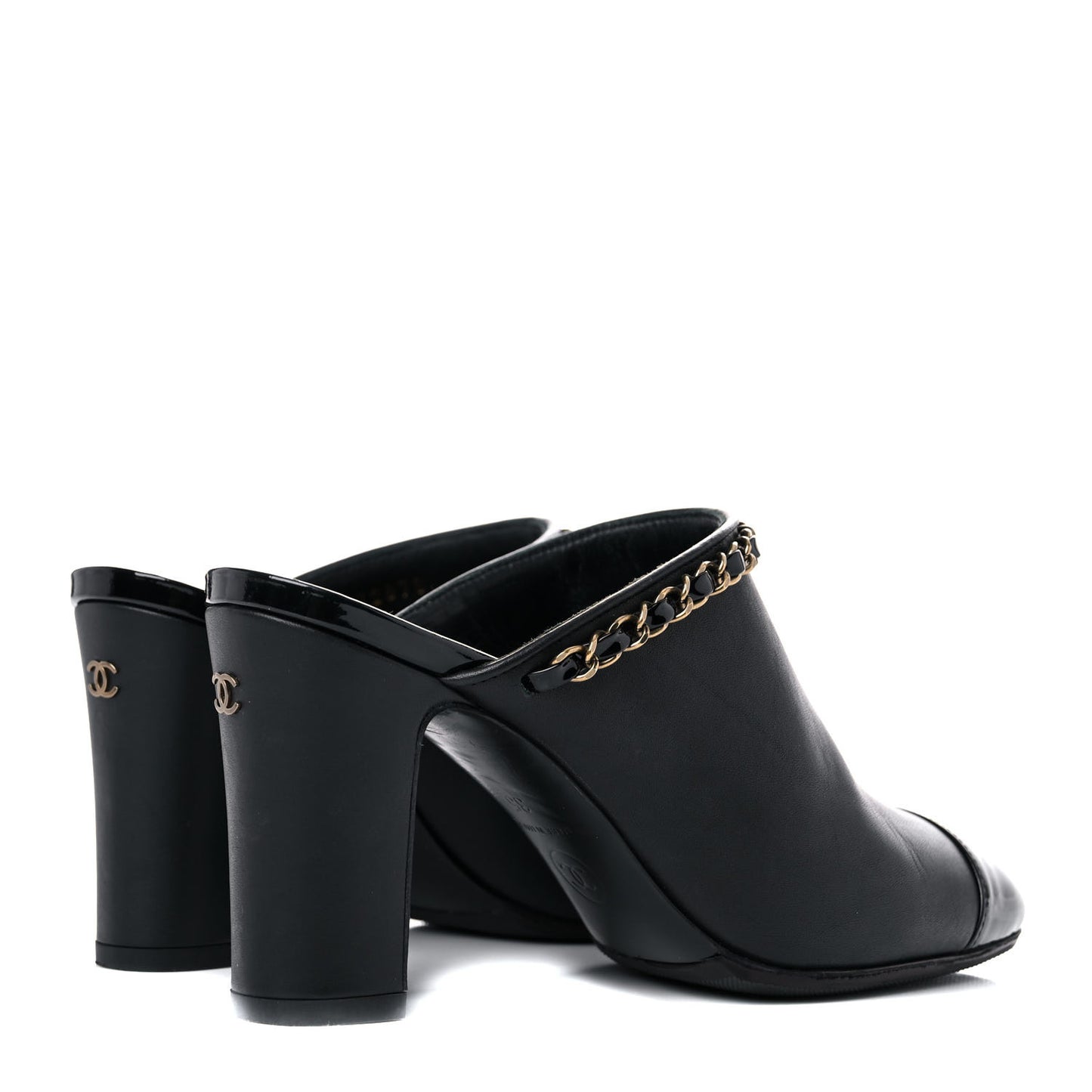 Calfskin Patent Cap Toe Chain Mule 35 Black