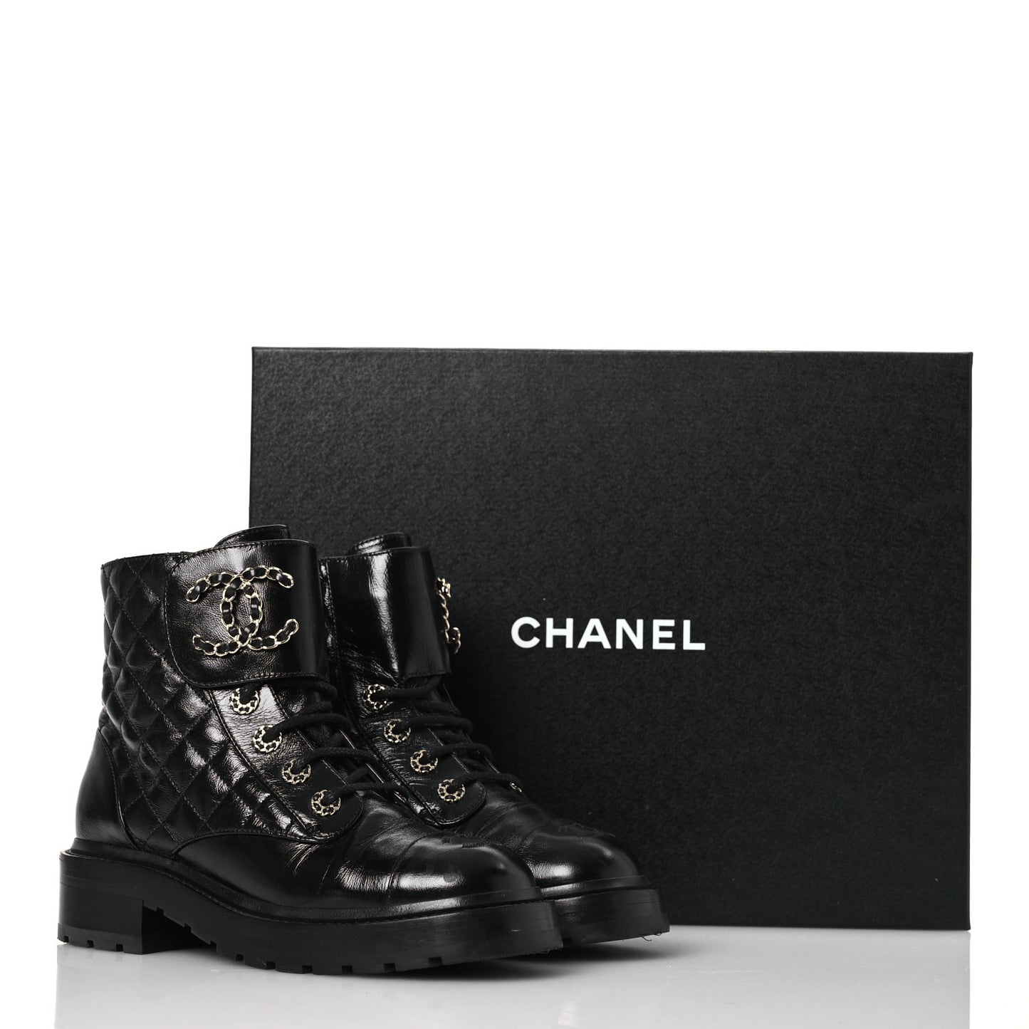 Shiny Calfskin Quilted Lace Up Combat Boots 37 Black