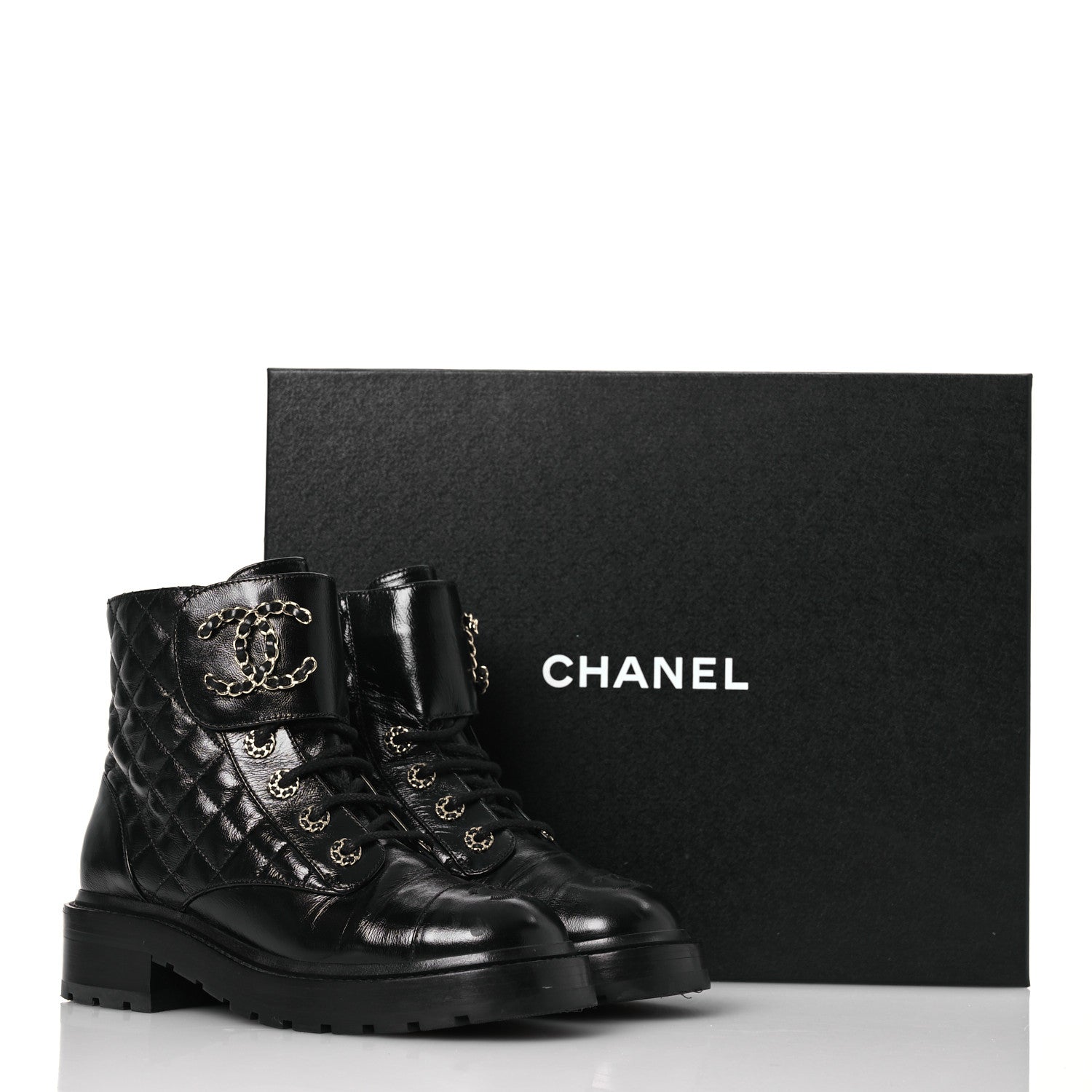 Chanel Shiny Calfskin Quilted Lace Up Combat Boots 37 Black 14 of 14