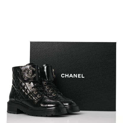 Chanel Shiny Calfskin Quilted Lace Up Combat Boots 37 Black 14 of 14