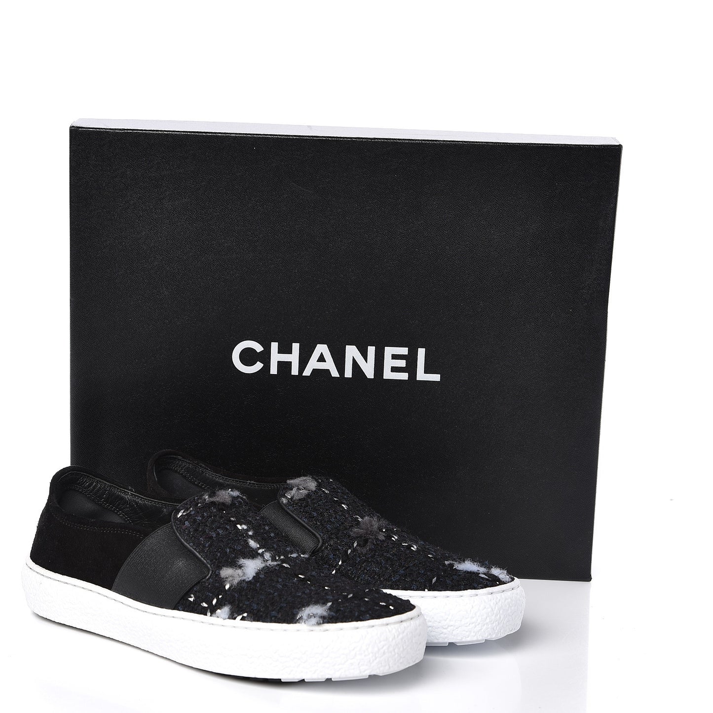 Suede Calfskin Tweed Womens Slip On Sneakers 35 Black Navy Silver