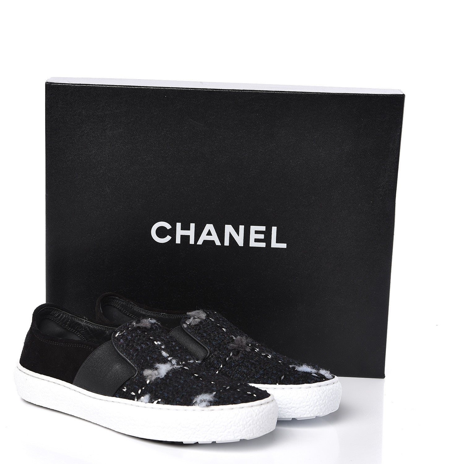 Chanel Suede Calfskin Tweed Womens Slip On Sneakers 35 Black Navy Silver 10 of 10