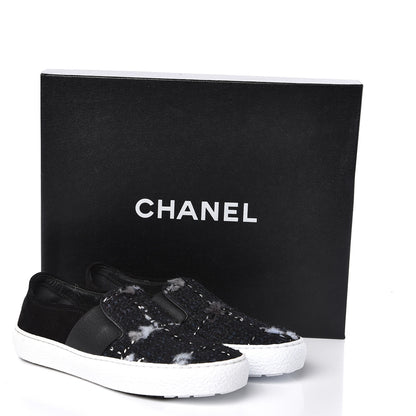 Chanel Suede Calfskin Tweed Womens Slip On Sneakers 35 Black Navy Silver 10 of 10