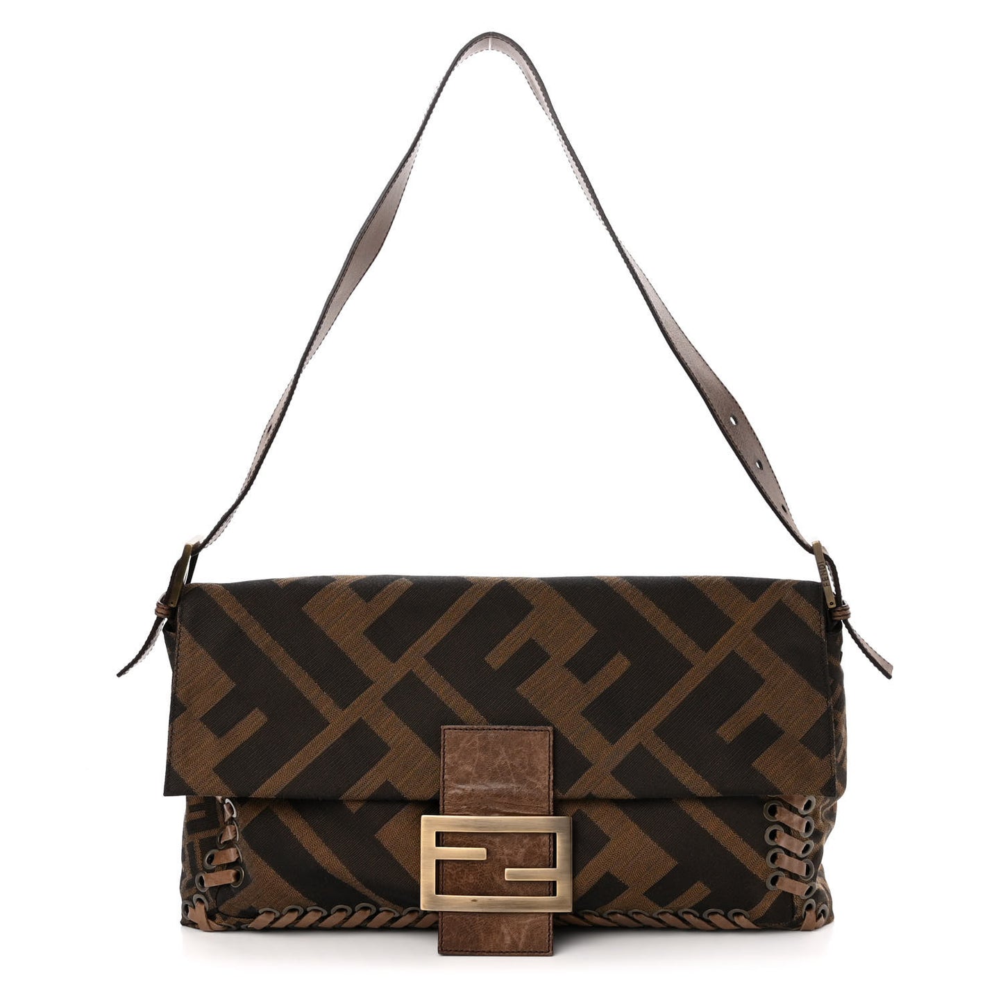 Fabric FF Diagonal Whipstich Large Convertible Baguette Tobacco