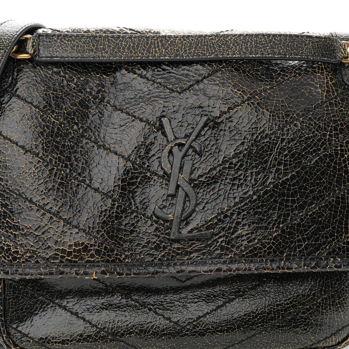 Crinkled Calfskin Matelasse Monogram Medium Niki Chain Satchel Black Ocra