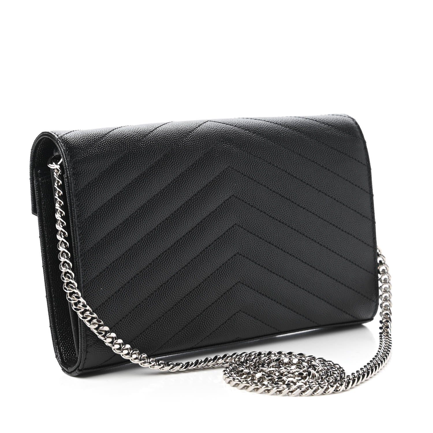 Saint Laurent Grain De Poudre Matelasse Chevron Monogram Chain Wallet Black 3 of 10