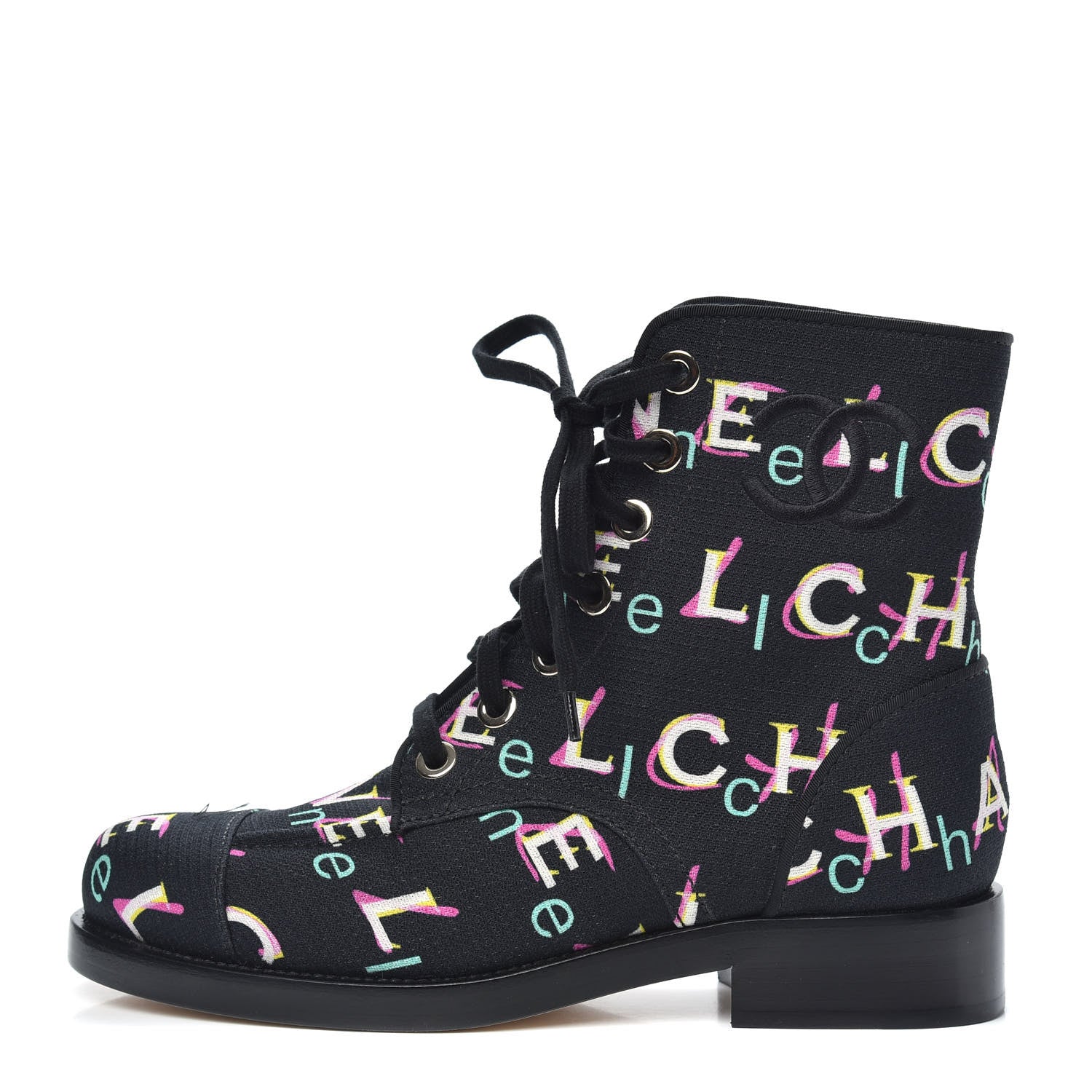 Chanel Tweed Lace Up Short Boots 38 Black Ecru Green Red 1 of 8