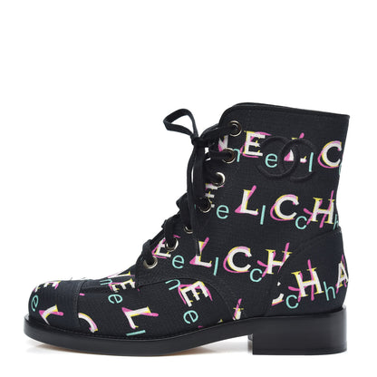 Chanel Tweed Lace Up Short Boots 38 Black Ecru Green Red 1 of 8