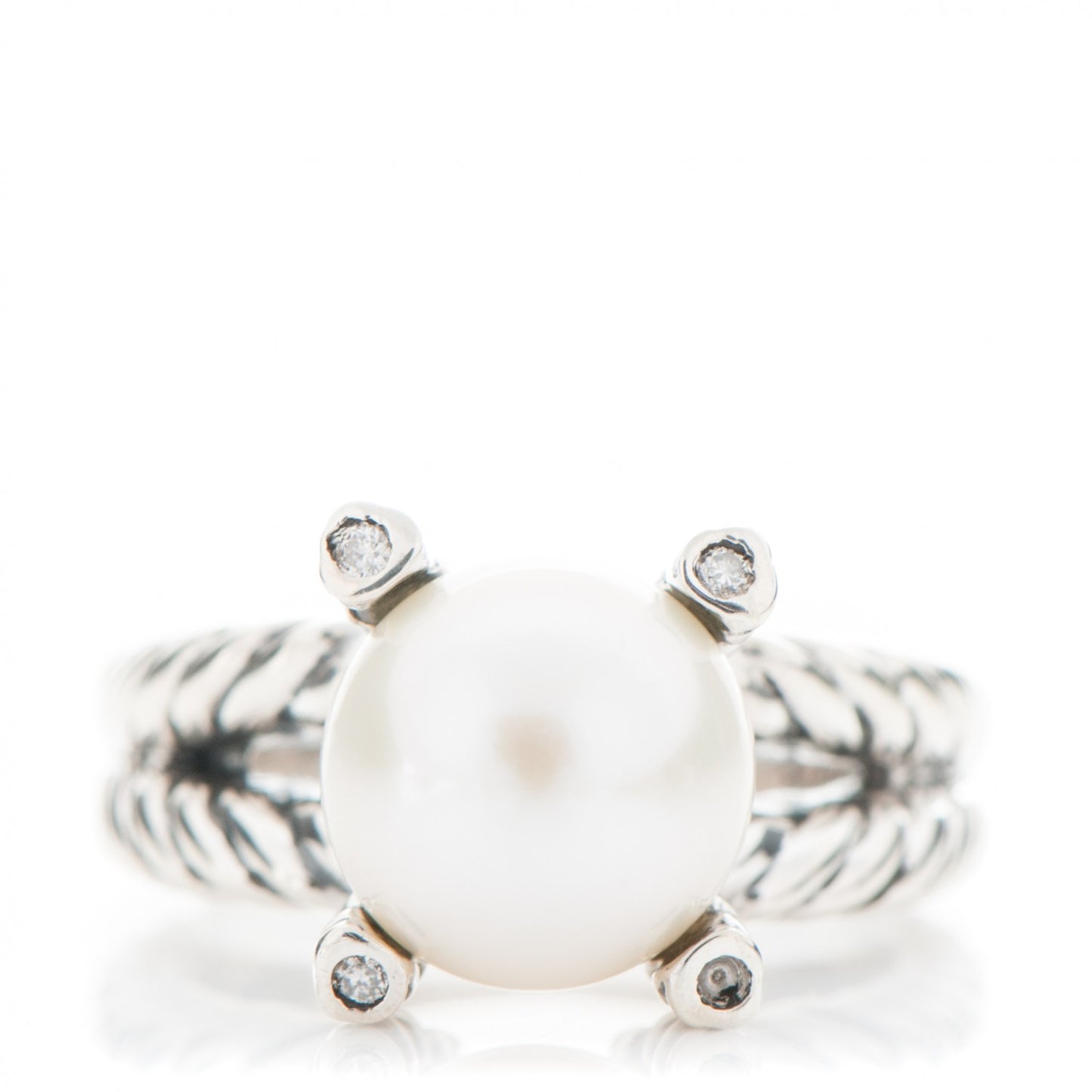 Sterling Silver Pave Diamond 10mm Pearl Cable Ring 6.25