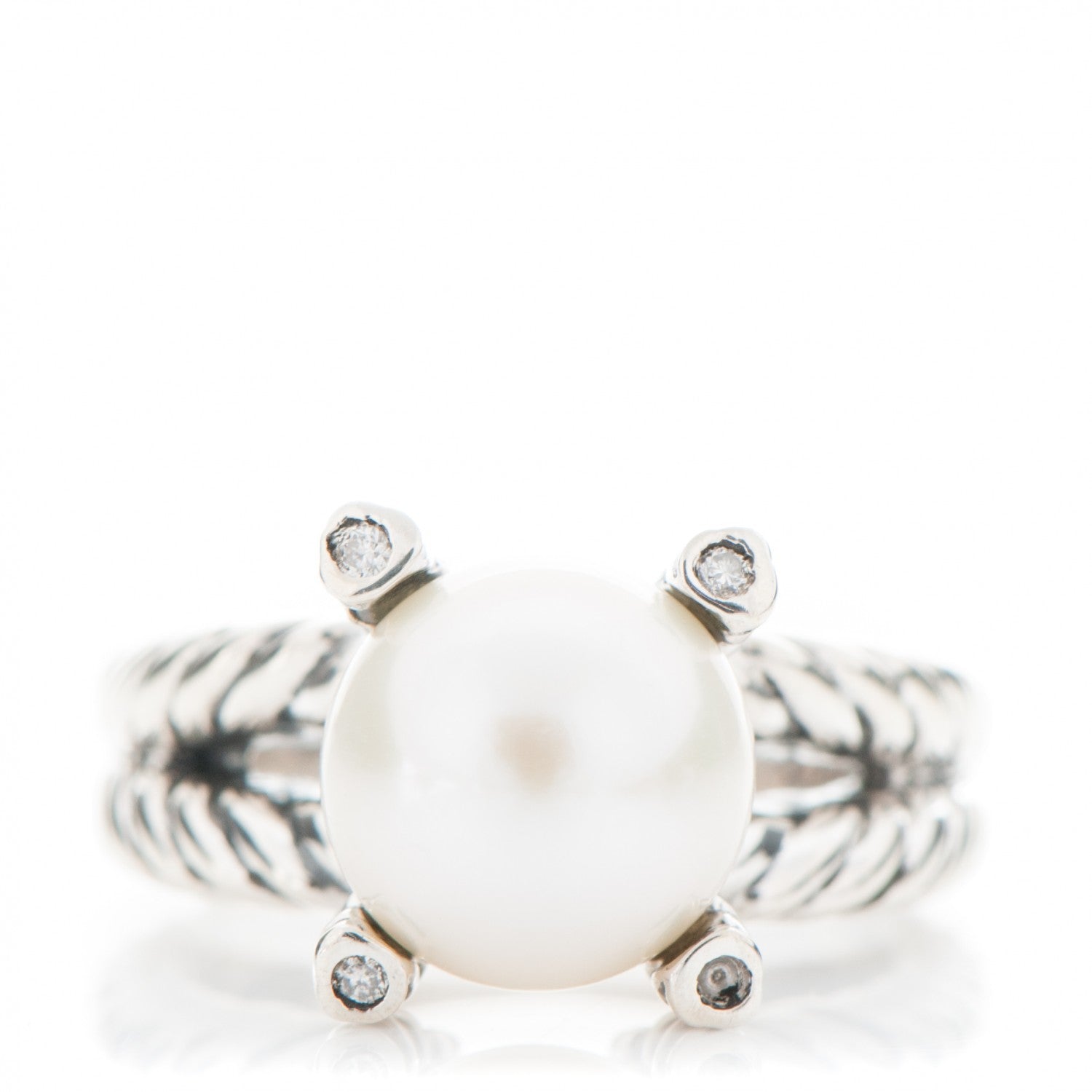 David Yurman Sterling Silver Pave Diamond 10mm Pearl Cable Ring 6.25 1 of 5