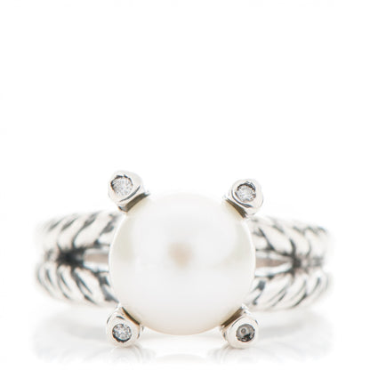 David Yurman Sterling Silver Pave Diamond 10mm Pearl Cable Ring 6.25 1 of 5