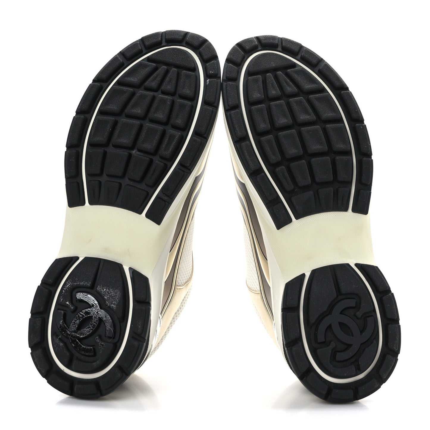 Fabric Laminated Calfskin Stretch CC Womens Sneakers 40 White Gold Silver