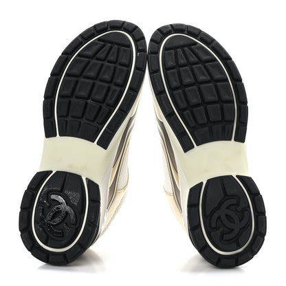 Chanel Fabric Laminated Calfskin Stretch CC Womens Sneakers 40 White Gold Silver 5 of 7