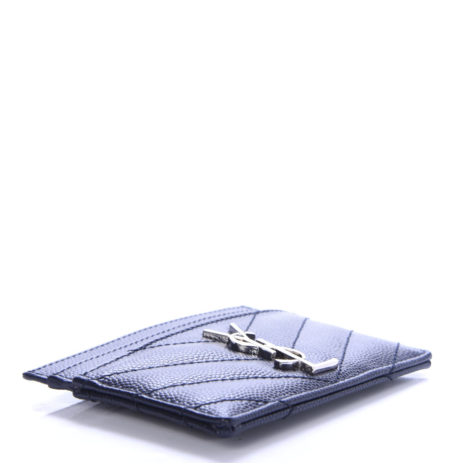 Saint Laurent Grain De Poudre Matelasse Monogram Chevron Credit Card Case Deep Marine 4 of 8