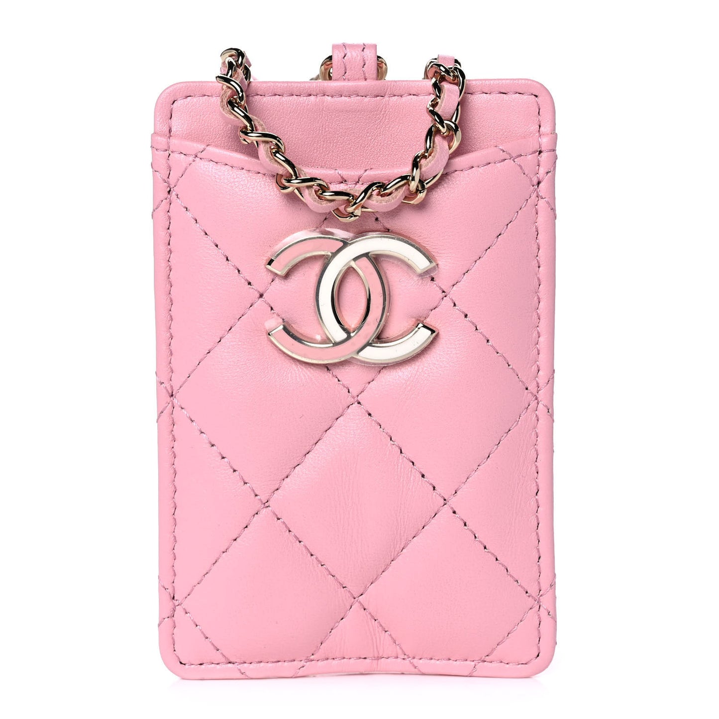 Lambskin Quilted Chanel Card Holder On Chain Pink