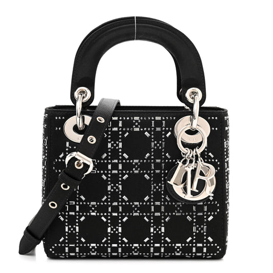 Satin Crystal Cannage Mini Lady Dior Black