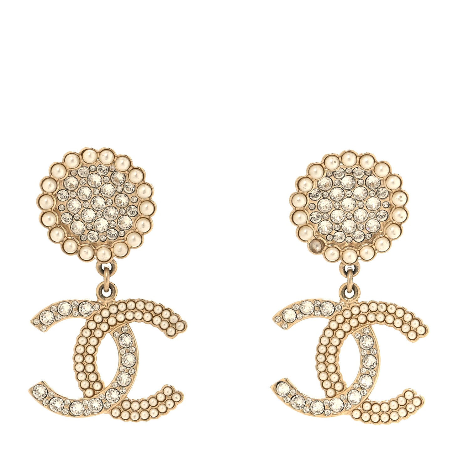 Crystal Pearl CC Drop Round Earrings Gold