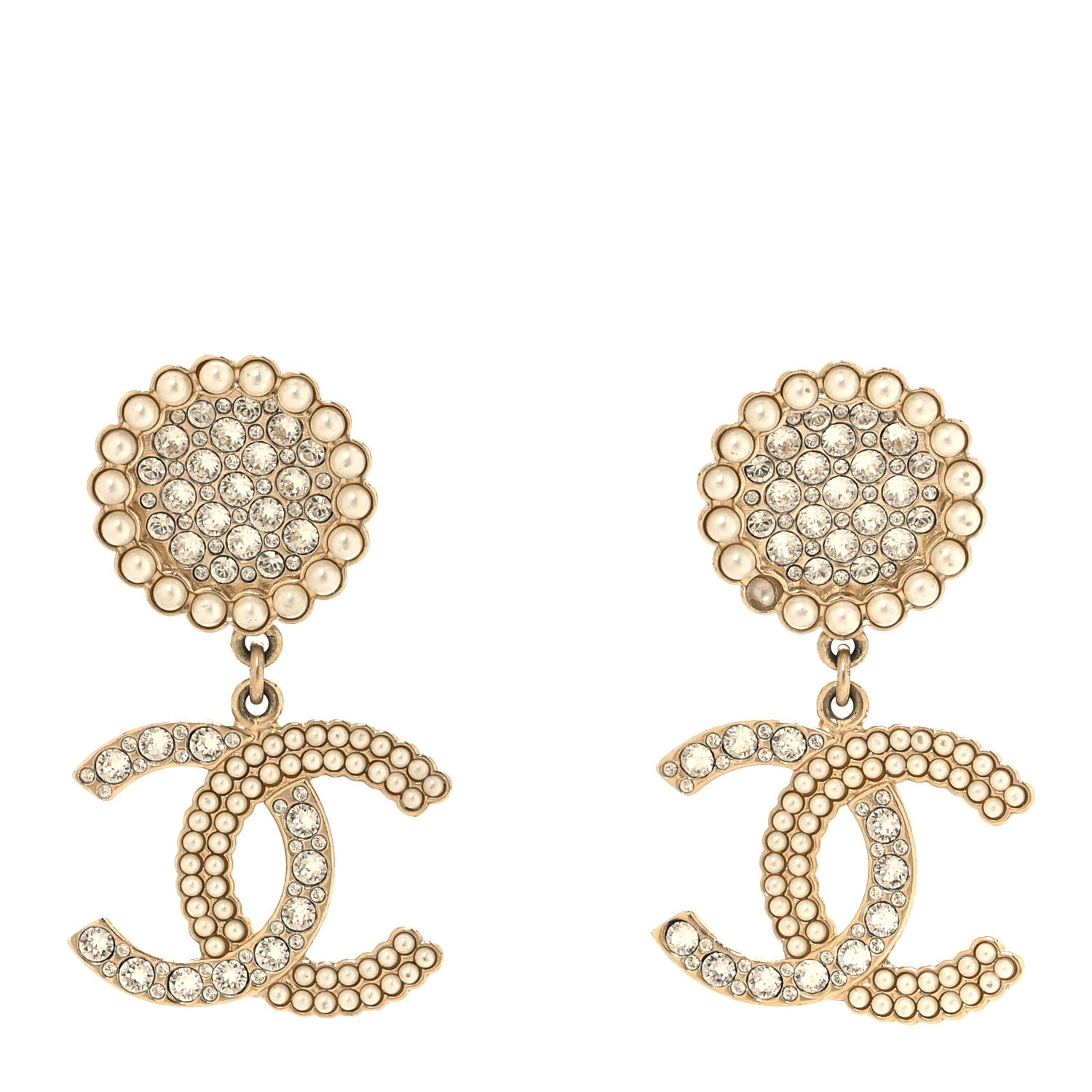 Chanel Crystal Pearl CC Drop Round Earrings Gold 1 of 6