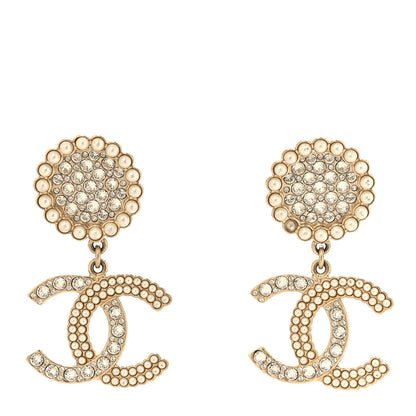 Chanel Crystal Pearl CC Drop Round Earrings Gold 1 of 6