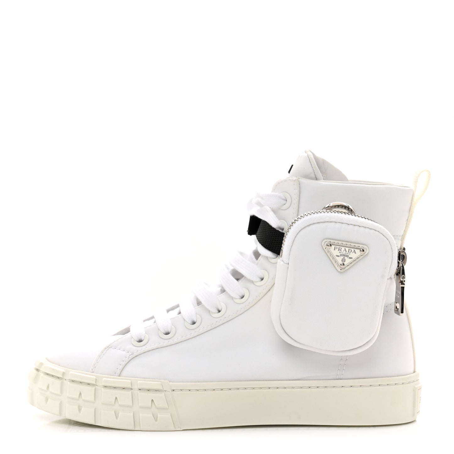 Re-Nylon Gabardine Metal Triangle Logo Wheel Pouch Pocket High Top Sneakers 38 White