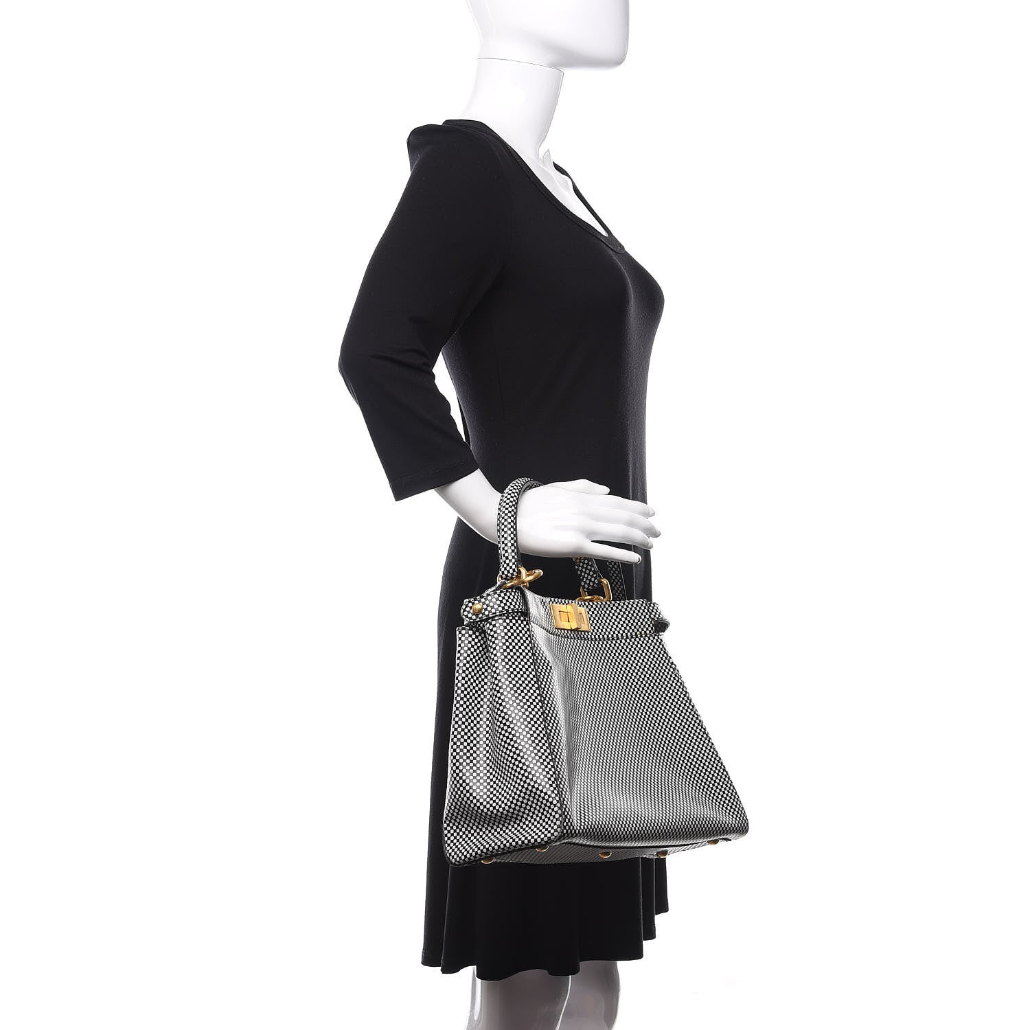 Fendi Pequin Checkered Medium Peekaboo Iconic Satchel Black White 2 of 12