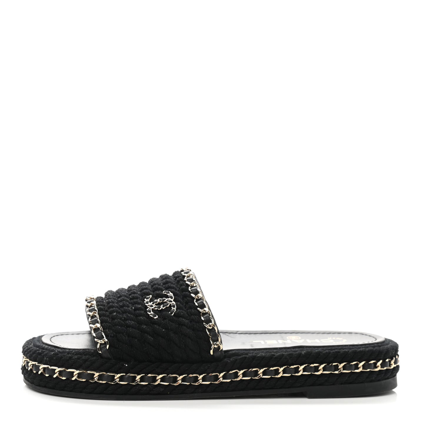 Cord Braided Chain Slide Sandals 37 Black