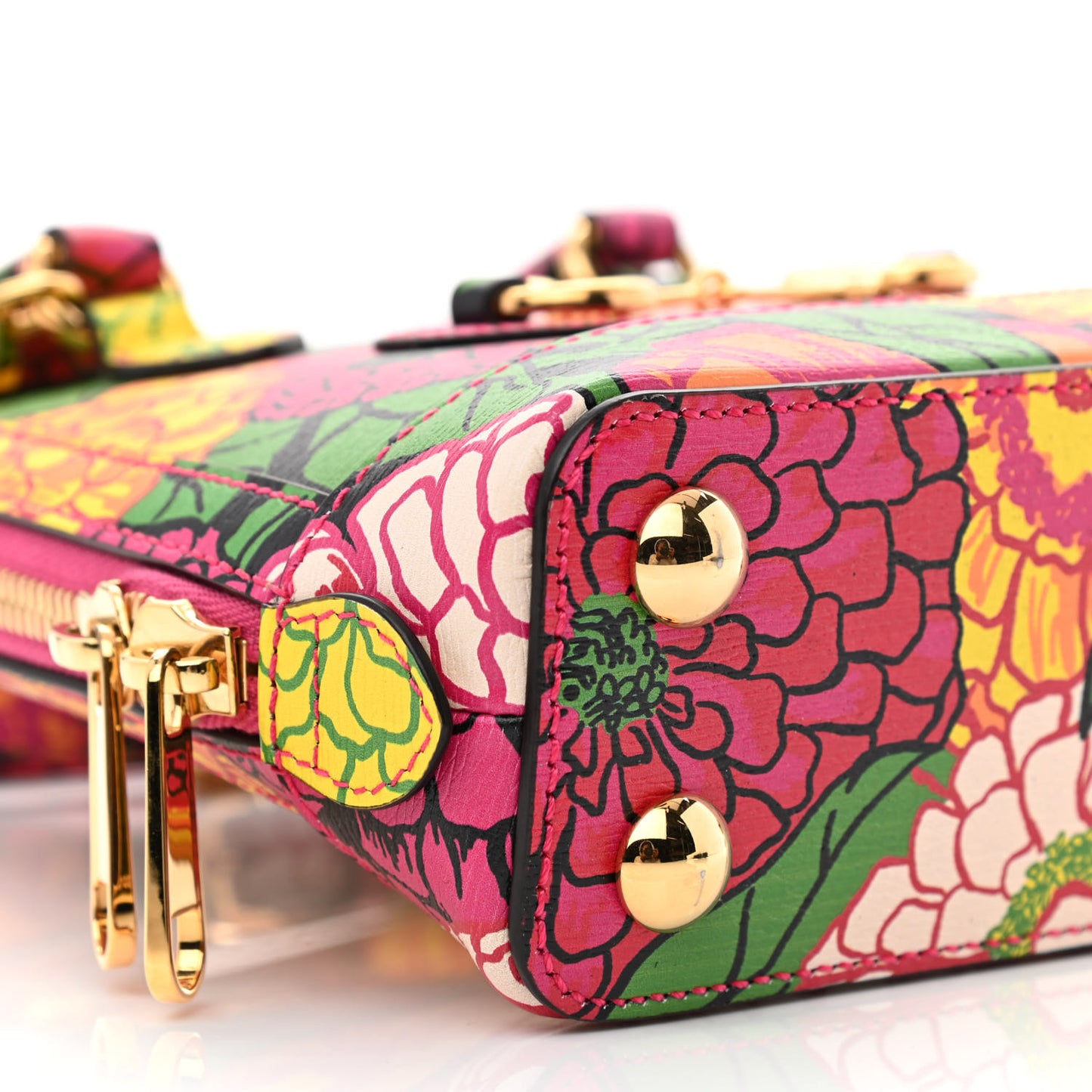 X KEN SCOTT Textured Calfskin Pomponica Print Mini Horsebit 1955 Top Handle Bag Multicolor Fuxia Pompom