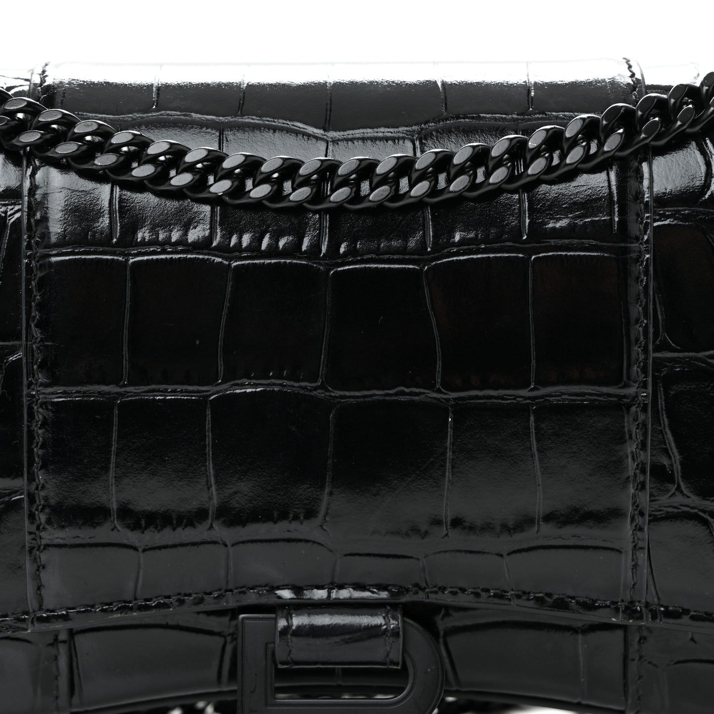 Shiny Calfskin Monochrome Crocodile Embossed Hourglass Chain Bag Black